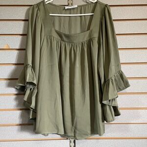 Everyday Chic Boutique‎ Olive Green Tunic Top Ruffle Sleeve Square Neck Blouse M